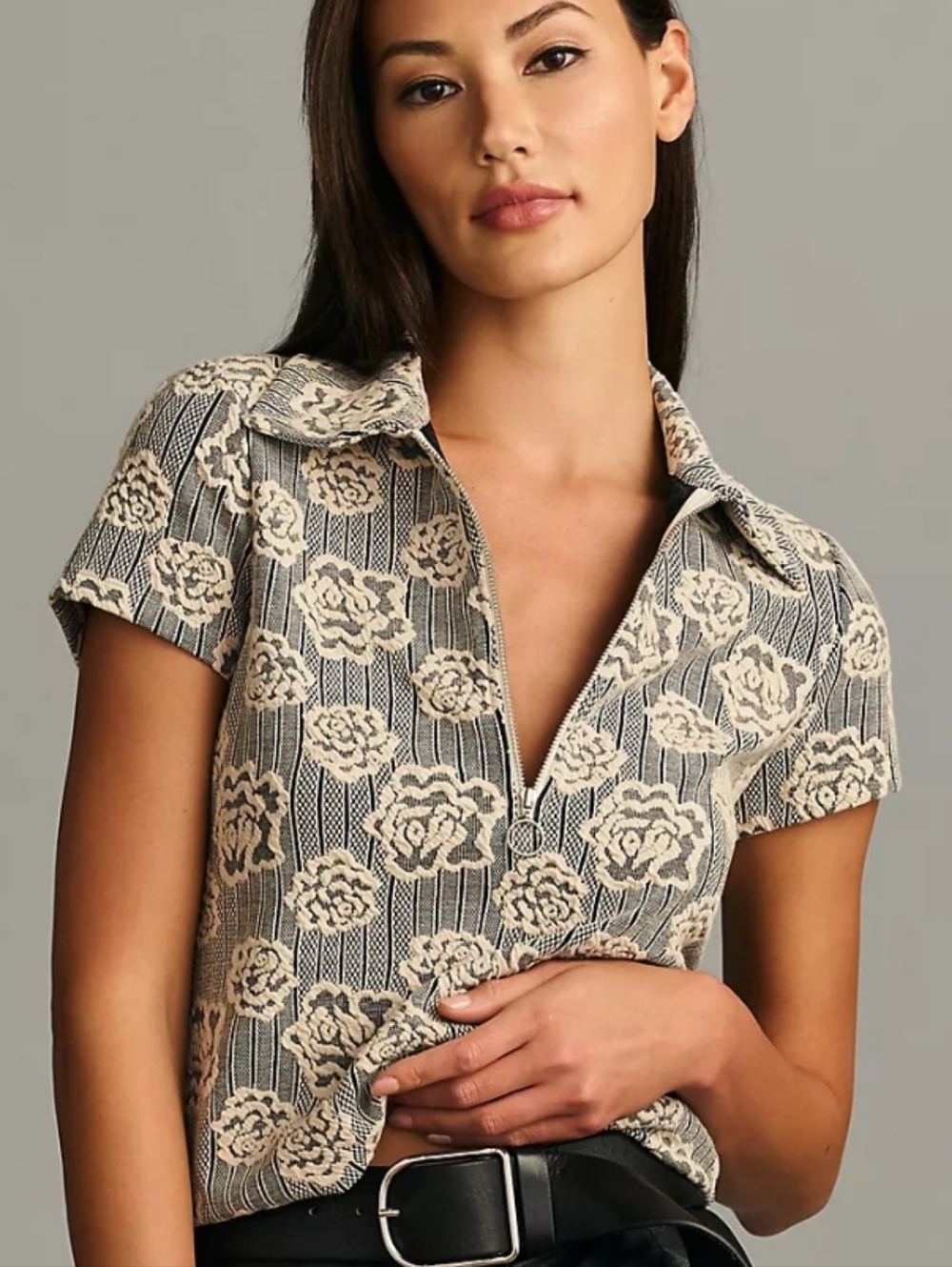 Anthropologie Maeve Black and Cream Jacquard Floral Zip Polo Crop Top